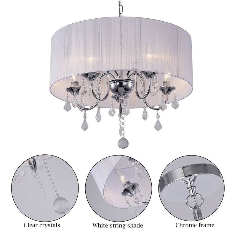 5 Light Chrome Metal Chandelier with White String Shade & Crystal Accents - D22'' H17''