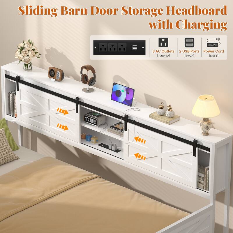 Farmhouse Twin Daybed with Pop-up Trundle Bed and Charging Station，Sofa Bed Frame with Bookcase Headboard with 2 Sliding Doors