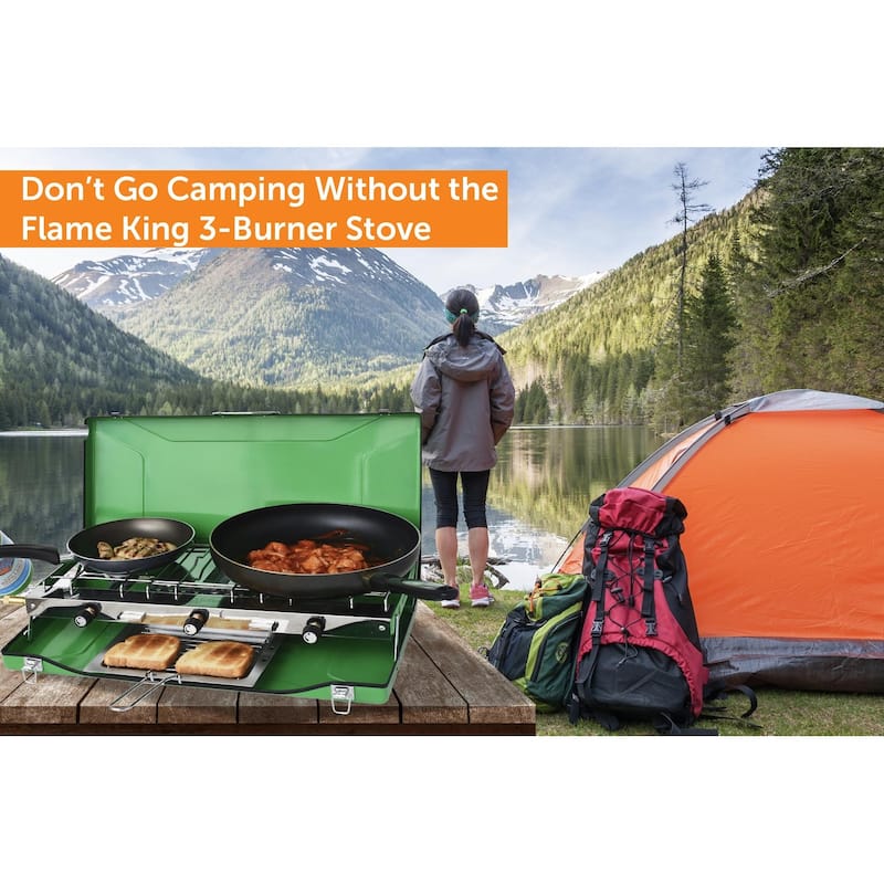 Flame King Portable 3-Burner Propane Camping Stove Grill w/ Toast Tray