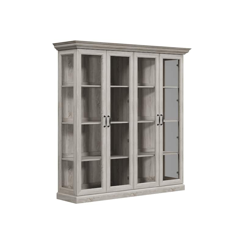 Glass Display Cabinet w/Light Tempered Glass Rustic Gray Oak Finish Bookshelvs Storage Cabinet