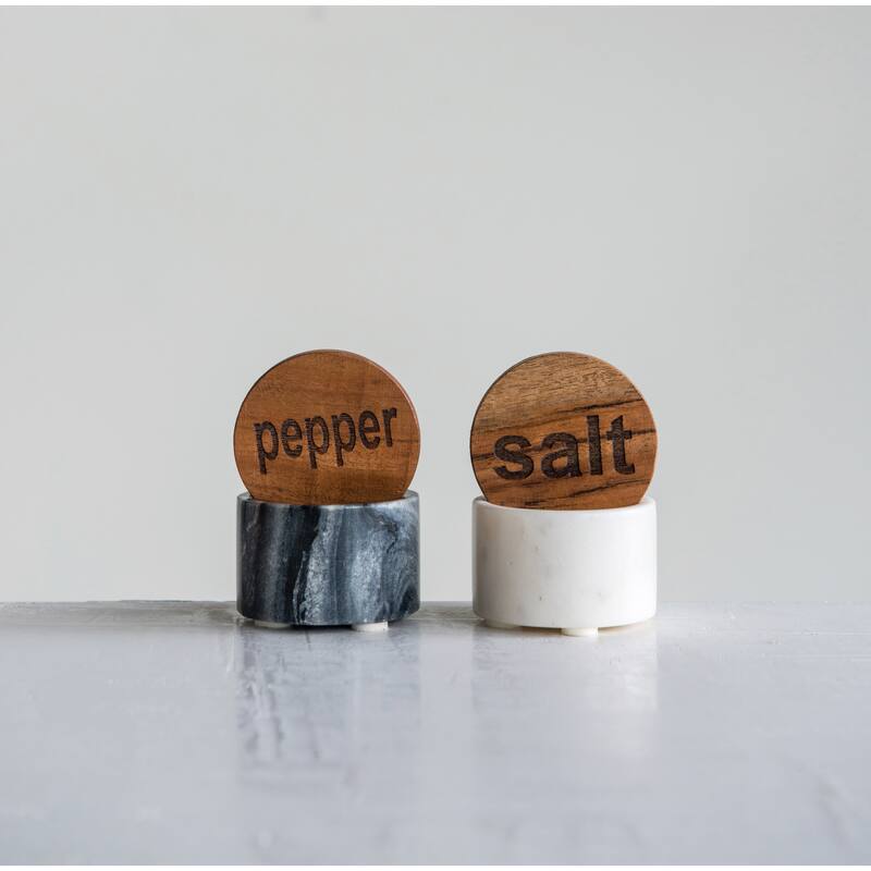 Black & White Marble Salt & Pepper Pots with Wood Lids (Set of 2 Styles)