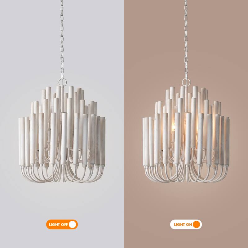 20" 5-Light Coastal 3-Tier Off-White Wood Chandelier - 19.7" D x 19.7" W x 23.7" H