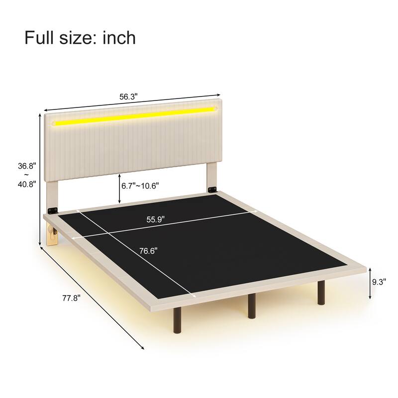 Modern Upholstered Floating Bed Frame with LED Lights, Vertical Channel Design Velvet Fabric Bed, Full Size, Beige