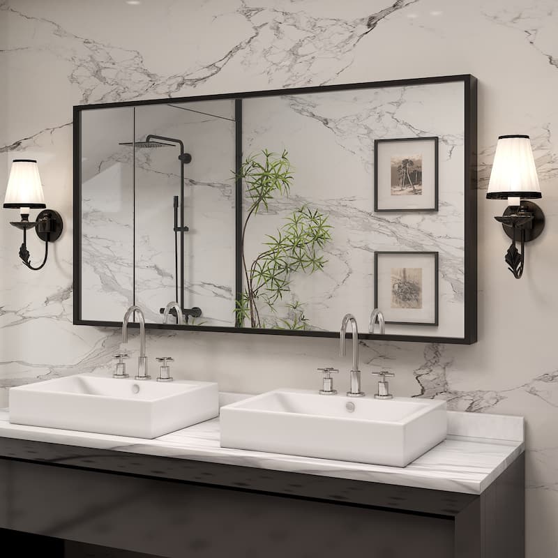 Tempered Glass and Metal Framed French Cleat Mounted Wall Bathroom / Vanity Mirror - 51" x 30" - Black