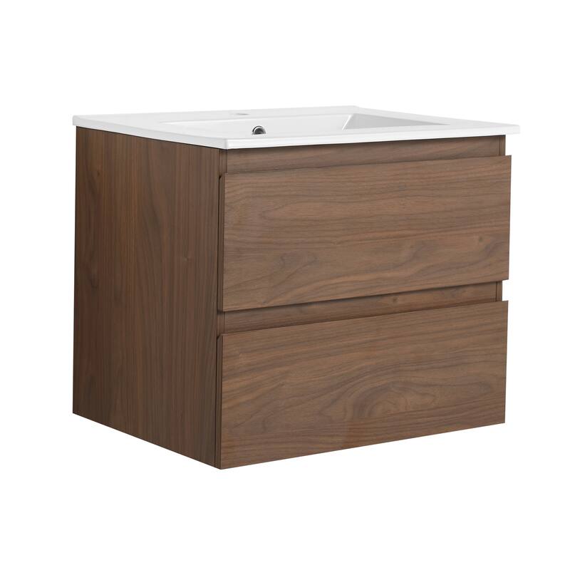 24" Floating Bathroom Vanity with Ceramic Basin, 2 Soft-Close Drawers, Eco-Friendly Plywood Construction