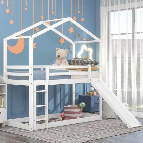 slide 2 of 16, Twin Over Twin Bunk Bed House Kids Bed with Roof,Slide and Ladder,Stairs,Playhouse-inspired Style White