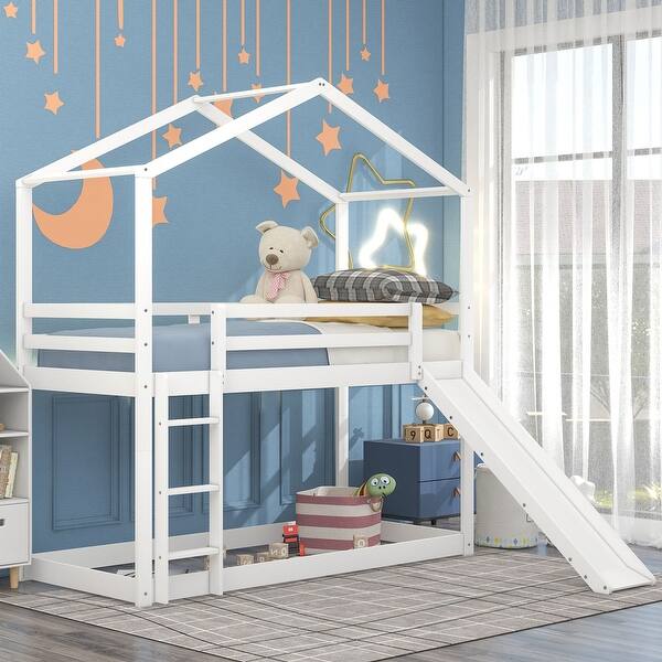 slide 2 of 16, Twin Over Twin Bunk Bed with Roof, Slide & Ladder, Playhouse-Inspired Design, Safe & Fun, Multiple Installation Options, White White