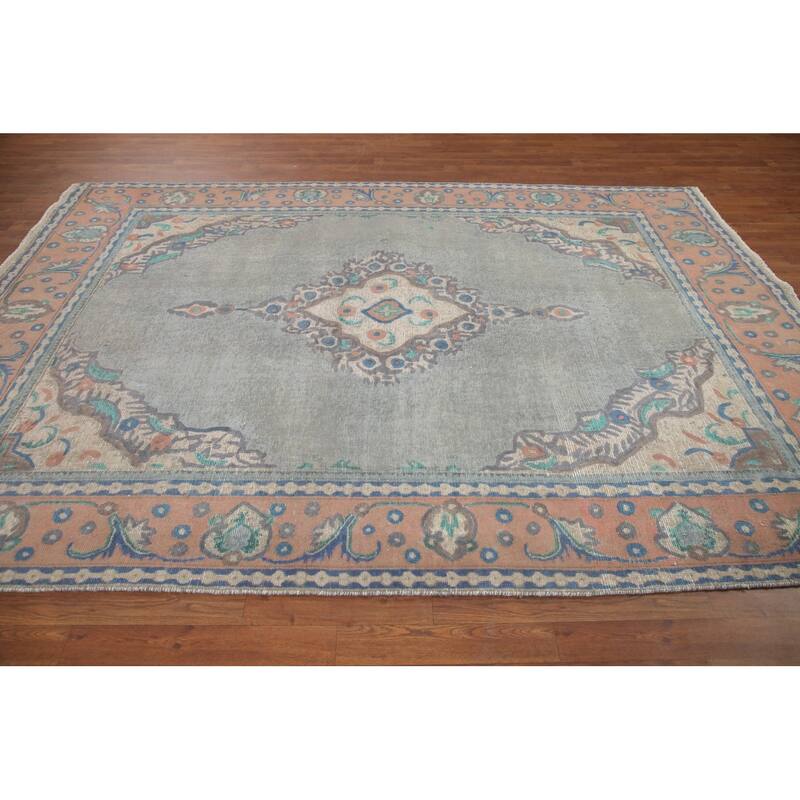 Hand Knotted Oriental 100% Wool Carpet Traditional Medallion Greys & Charcoal Tabriz Area Rug - 9' 6'' X 6' 9''