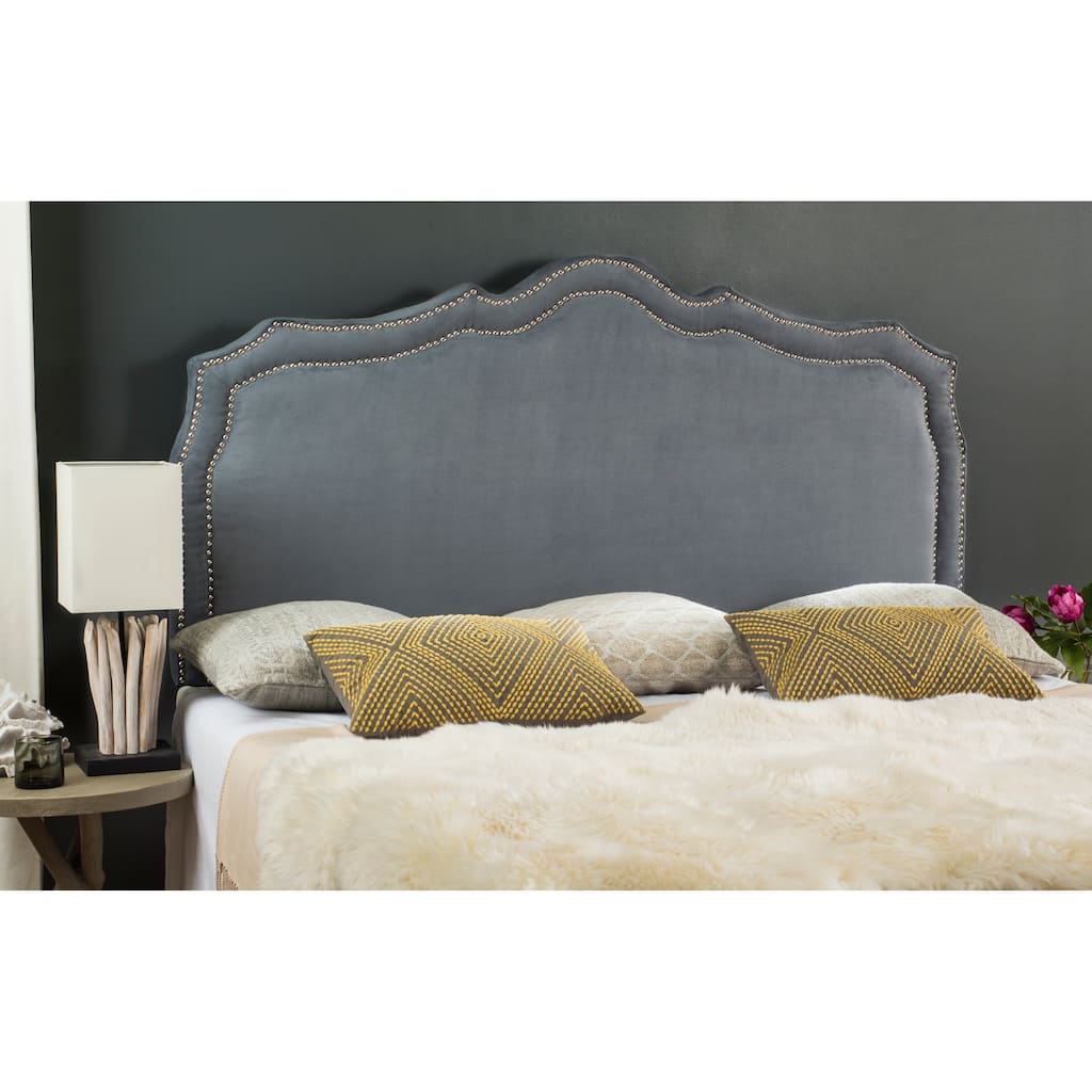 SAFAVIEH Nasra Grey Velvet Upholstered Headboard - Silver Nailhead (Full)