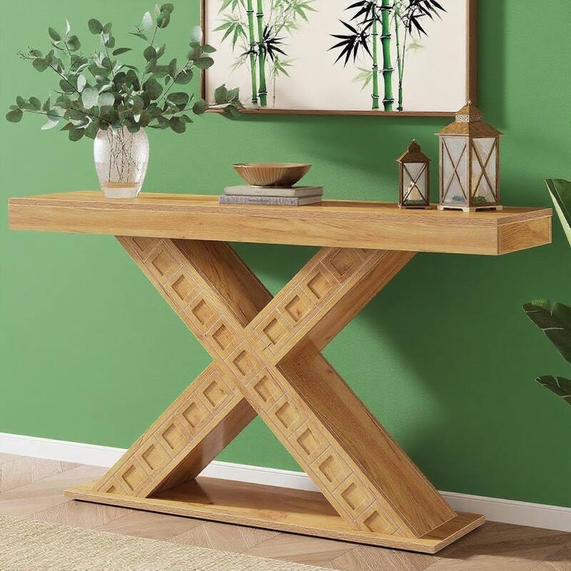 Brown MDF Farmhouse Console Table with X-Shaped Base and Sturdy Top - 55.12” L x 13.78 W x 34.06 H