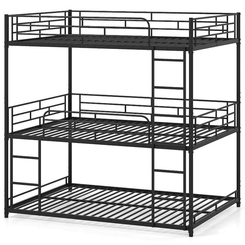 Modern Black Metal Frame Triple Bunk Bed Full Size for Shared Rooms with Guardrails and Ladder