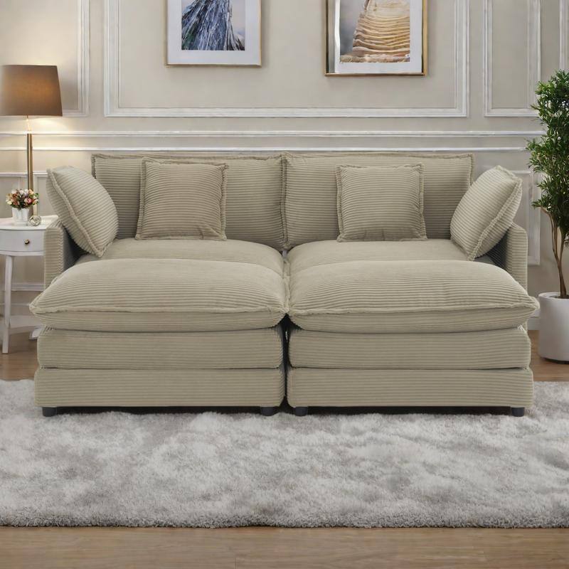 75.6" Corduroy U-Shaped Sectional Sofa with Ottoman and Storage Pockets - Brown