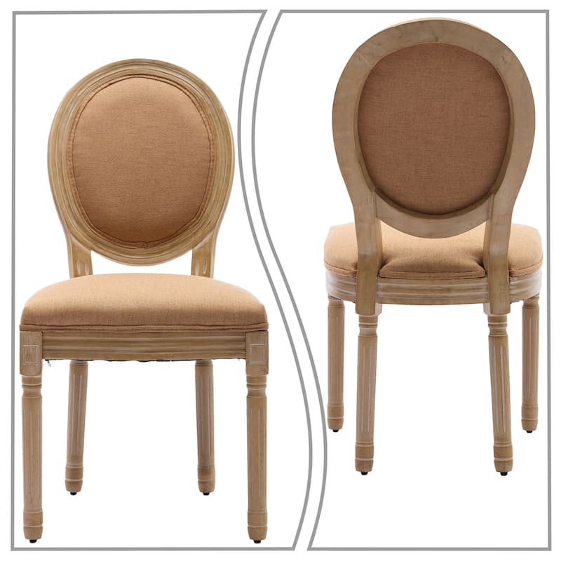 Vintage French Style Set of Two Linen Upholstered Dining Chairs with Solid Rubberwood Frame Legs