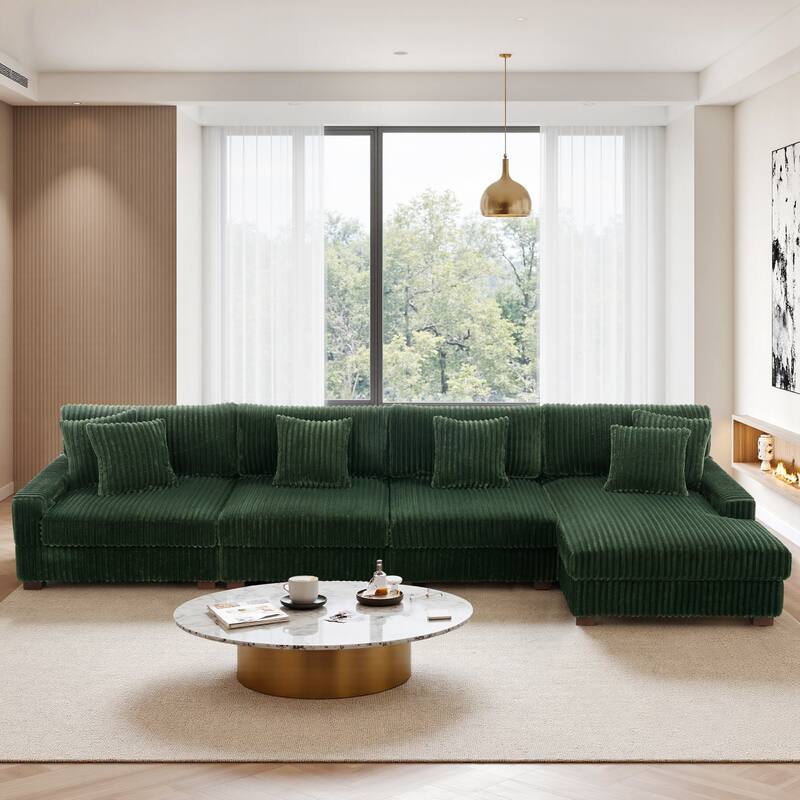 Cotton Flannel 3-Seat Modular Sectional Sofa with Chaise - Green - Right Facing