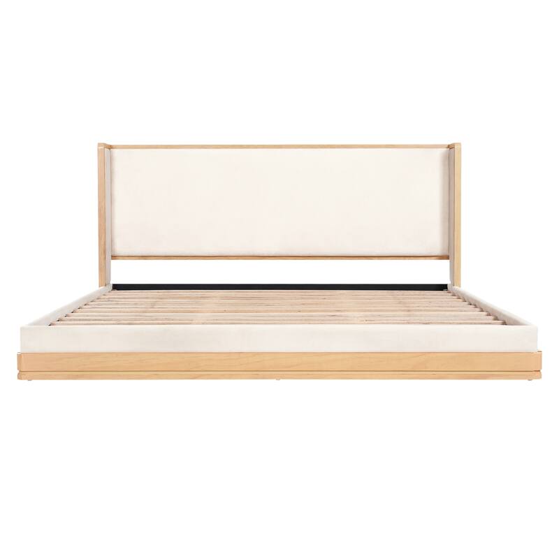 Wood Low Profile Bed Frame with Headboard, Mid-Century Floor Fabric Upholstered Bed Frame, Wood Slats Support, Beige + Nutural