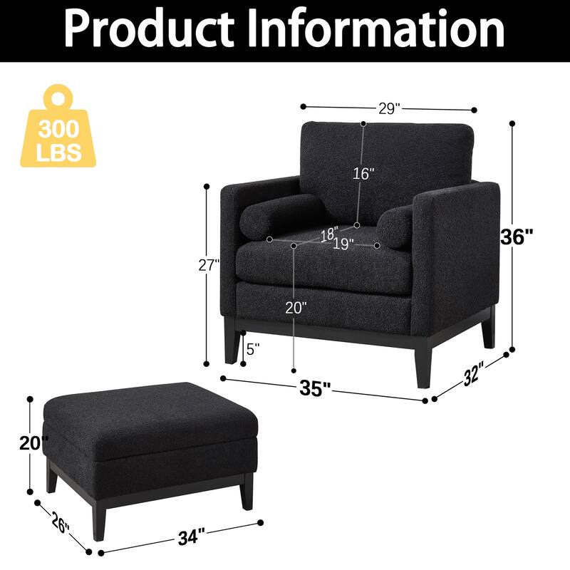 35" Farmhouse Style Boucle Single Sofa Accent Chair with Storage Footstool, Natural Wood Legs for Living Room, Office