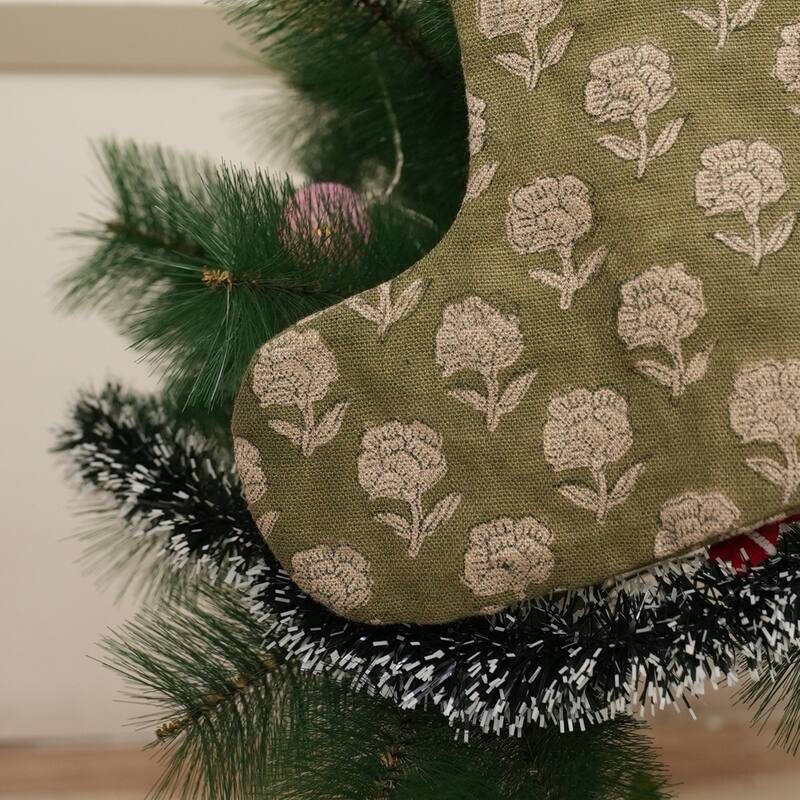 Fabdivine Hand Block Floral Print Christmas Knit Stockings, Home Decorative Gift Use - 16"X6.5" - Rohini- Olive Green - Christmas Stockings