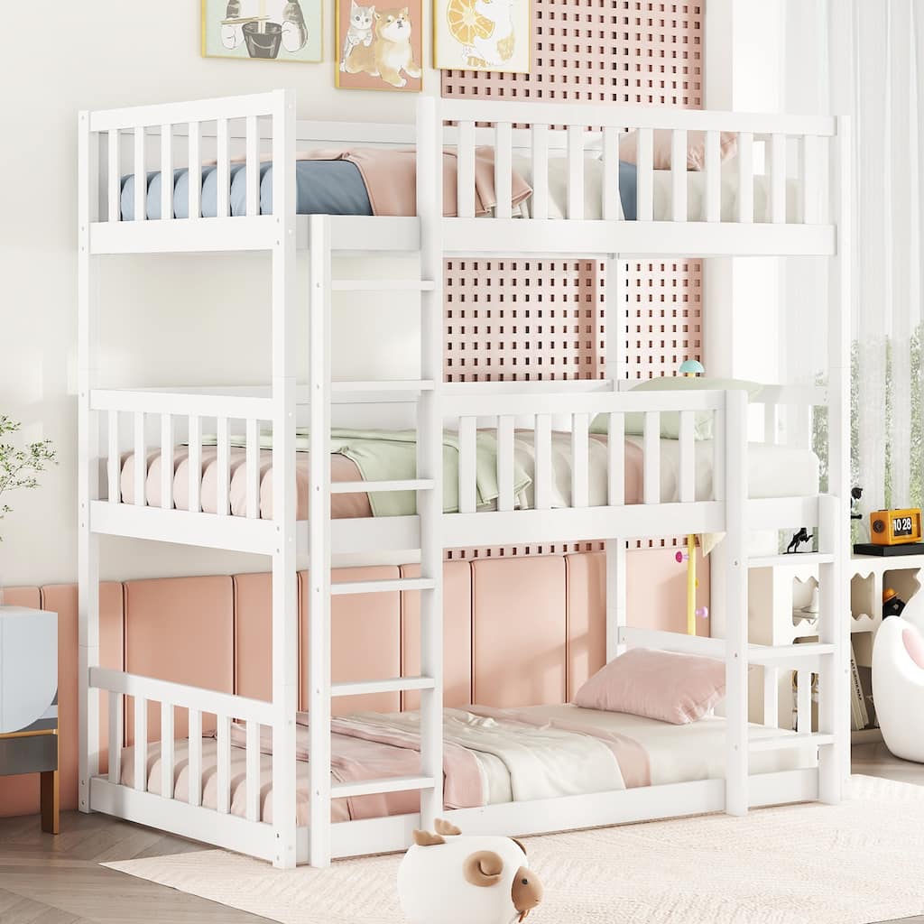 Twin Size Triple Rubber Wood Bunk Bed, Detachable Triple Bunk Bed Frame, Divided Into 3 Separate Beds, Twin over Twin over Twin