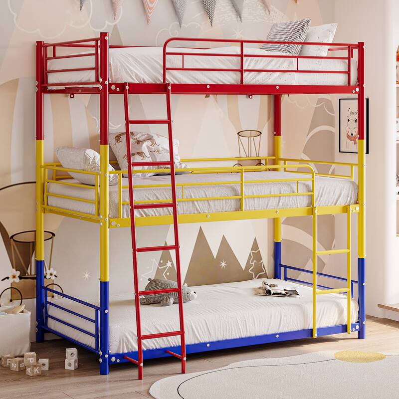 Triple Twin Bunk Beds,Twin Over Twin Over Twin Metal Bunk Bed Platform Frame,3 Bed Bunk Beds with Guardrails,Ladder & Storage