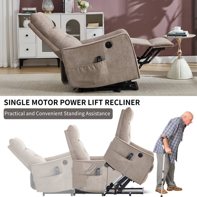 Chenille Single Motor Power Lift Recliner Chair with Massage and Heat for Elderly, Heavy Duty Motion Mechanism and One USB