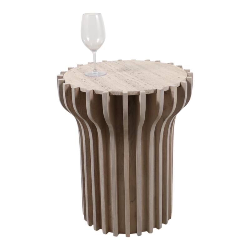 Decorative Travertine Accent Table with Wodden Carved Base- 25", White
