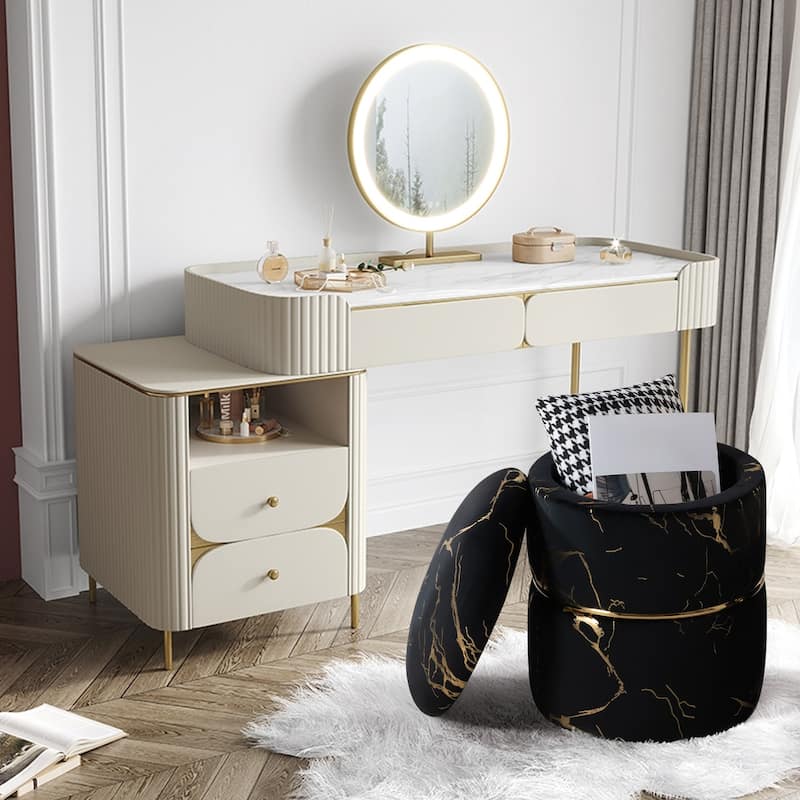 Round Ottoman Set of 2 with Storage,Sherpa Vanity Stool,Multifunctional Ottomans with Removable Lid, Foot Rest