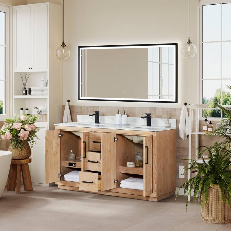 Floral Single Bathroom Vanity in Light Brown with Calacatta White Quartz Countertop with Mirror