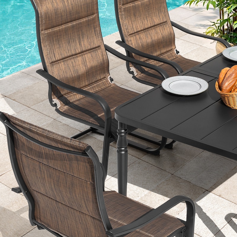 7-Piece Textilene Metal Rectangle Outdoor Dining Set with 6 C-Spring Motion Chairs and Umbrella Hole, Black