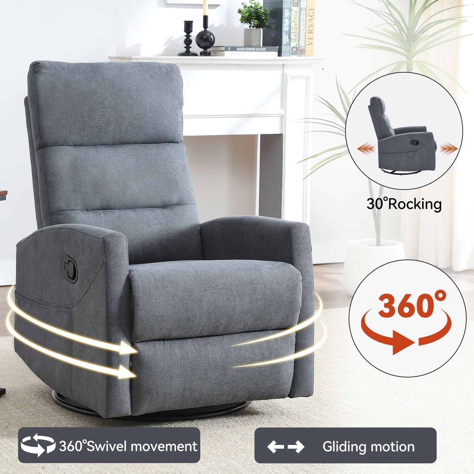 360° Swivel Rocking Recliner Chair with Side Pull Handle, Manual 155° Recline Upholstered Lounge Chair for Living Room