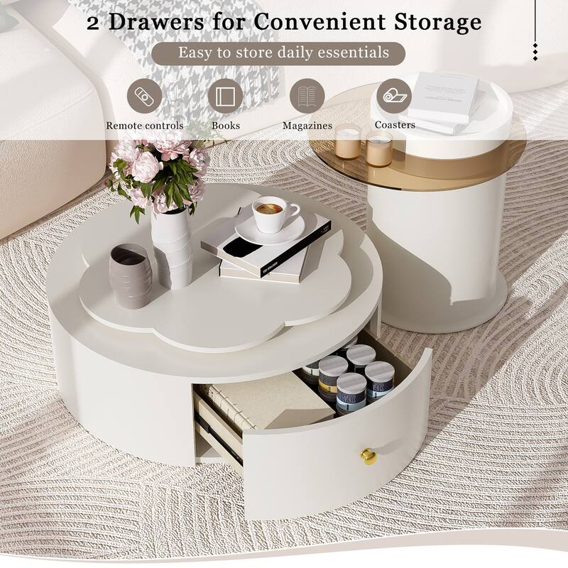 Round Coffee Table Set of 2 with 2 Drawers