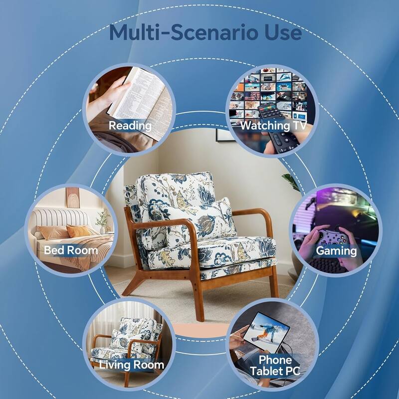 EROMMY Floral Accent Chair, Mid Century Modern Upholstered Armchair with Wood Frame and Cushion for Living Room