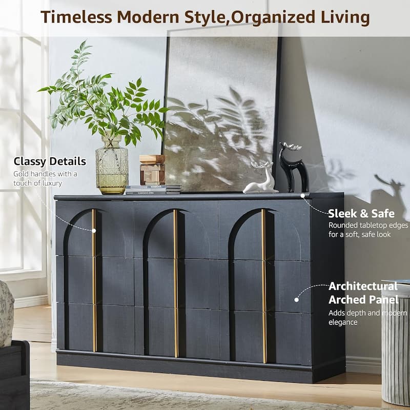 Modern Arched 9 Drawers Dresser, Wood Chest of Drawers for Living Room