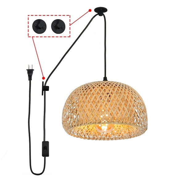 Modern Plug in Cord Bamboo Lantern Pendant Light with Switch Woven Rattan Shade Chandelier Adjustable Hanging Wall Lamp 11.02 11.02 5.9