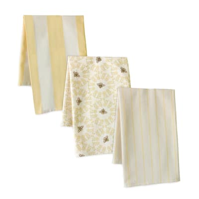 Stripes Bumble Bees Kitchen Tea Towels 28" Yellow White Set of 3