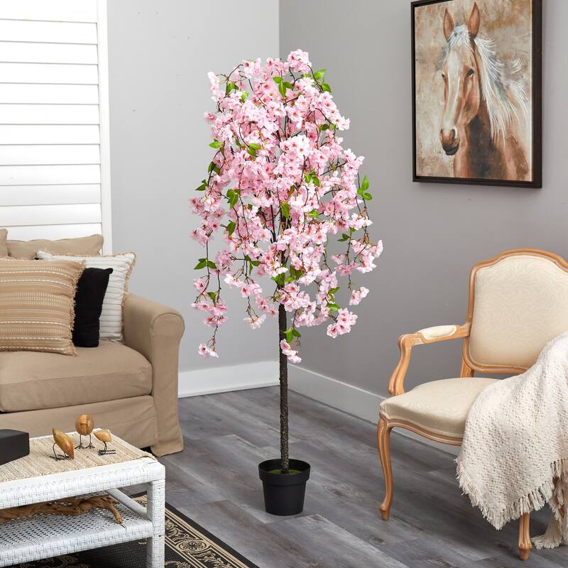 Artificial Cherry Blossom Tree 5ft Pink Flowers Slim Trunk Home Decor - Green - 51-60 Inches