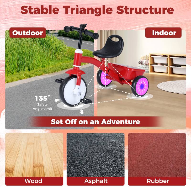 Gymax Toddler Tricycle w/Glowing Wheels 4-Level Adjustable Seat