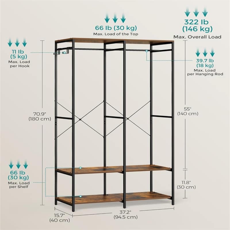 Iron and Wood Wardrobe Closet Organizer - 15.7"D x 37.2"W x 70.9"H