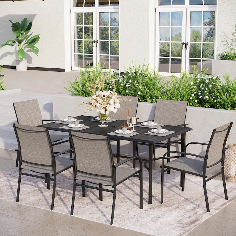 MAISON ARTS 7-Piece Outdoor Dining Set 6 Textilene Chairs and Metal Rectangular Outdoor Dining Table - Brown