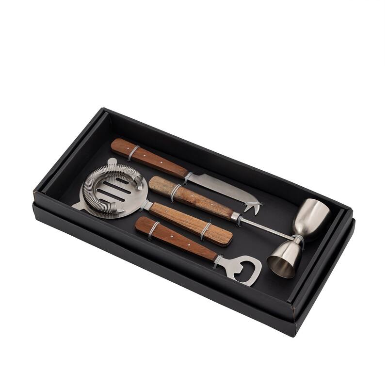 Set of 4 Stainless Steel & Wood Handle Bar Set