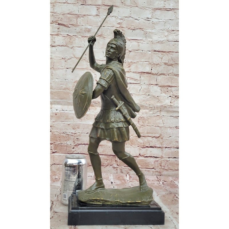 Roman Or Greek Soldier Bronze Sculpture With Spear And Shield On Marble Base