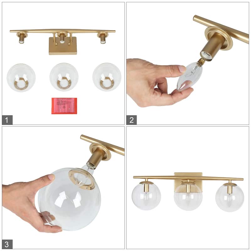Modern Gold 3-light Bathroom Vanity Lights Farmhouse Globe Glass Dimmable Up & Down Wall Sconce