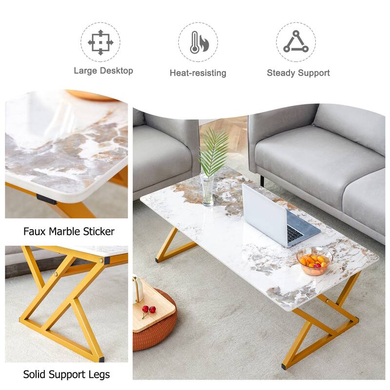 A modern minimalist style marble patterned coffee table with golden metal legs Computer desk Game table Tea table