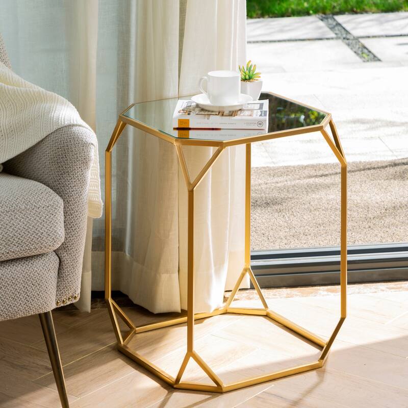 Glitzhome Set of 2 Glam Glass Modern Square/Octagon Gold/Silver Side Table Sofa Table