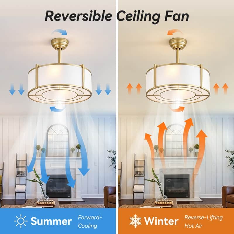 20" Modern Gold Ceiling Fan with Light and Remote Control, Reversible DC Motor 6 Speeds Fandelier Ceiling Fan with Fabric Shade