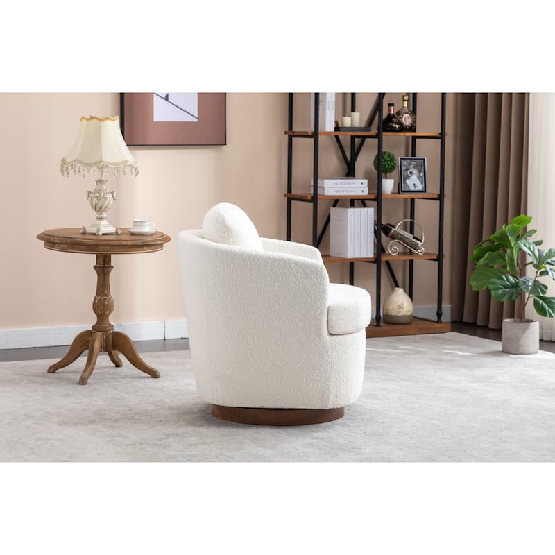 Boucle Fabric Swivel Accent Chair With Soild Wood Round Brown Base Leg