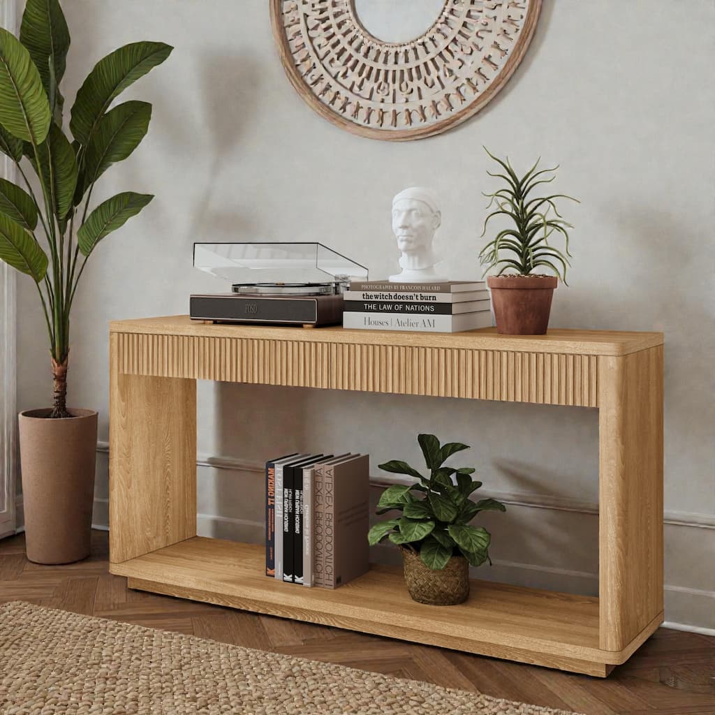 60" Modern Fluted Console Table with 2 Drawers, Natural Wood Veneer Sofa Table for Living Room Hallway Entryway