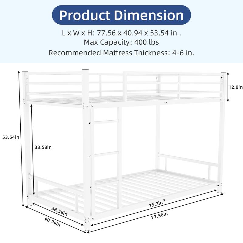 Metal Twin over Twin Bunk Bed/ Heavy-duty Sturdy Metal/ Noise Reduced/ Safety Guardrail/No Box Spring Needed