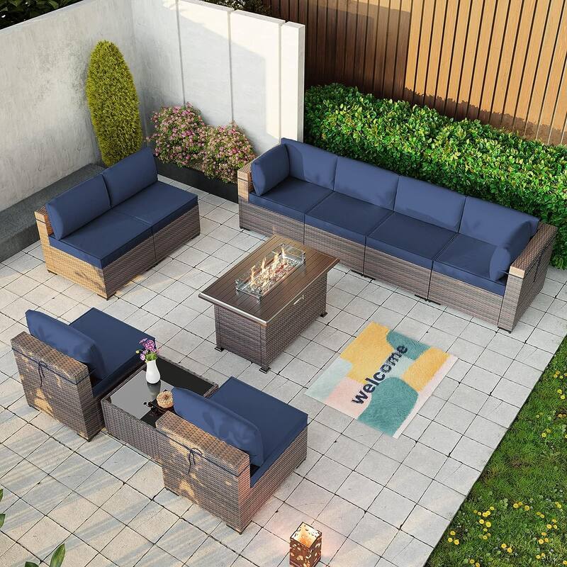 Kullavik 10 Pieces Outdoor Patio Furniture Set with Fire Pit Table