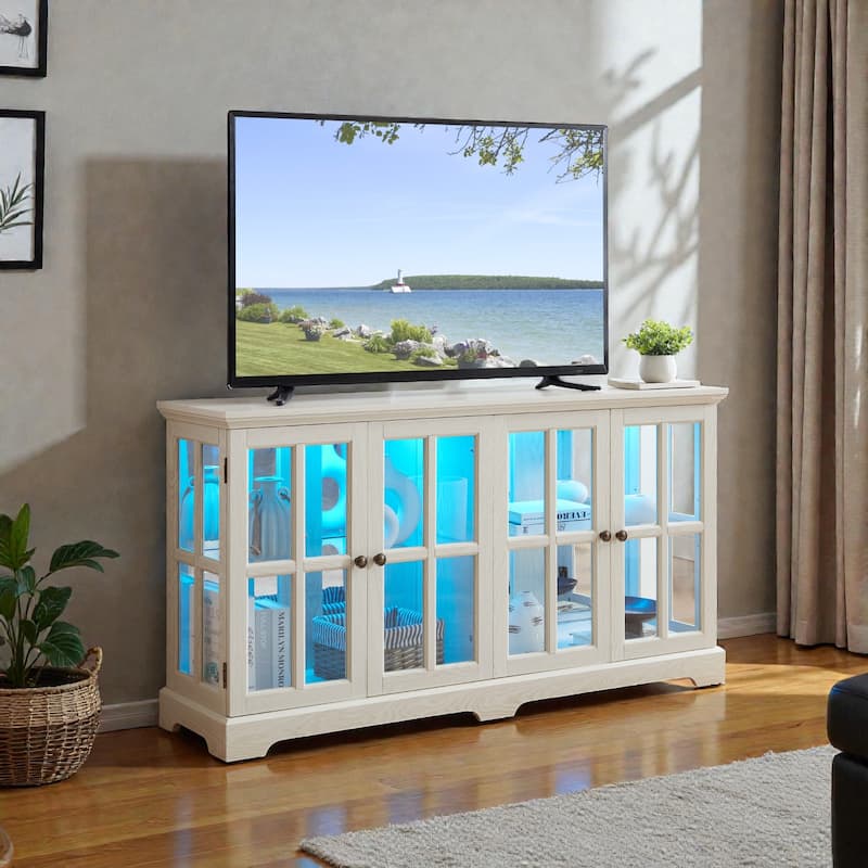 LED Antique Curio Display Cabinet with Glass Doors, 4 Door Vintage Showcase with Adjustable Shelves