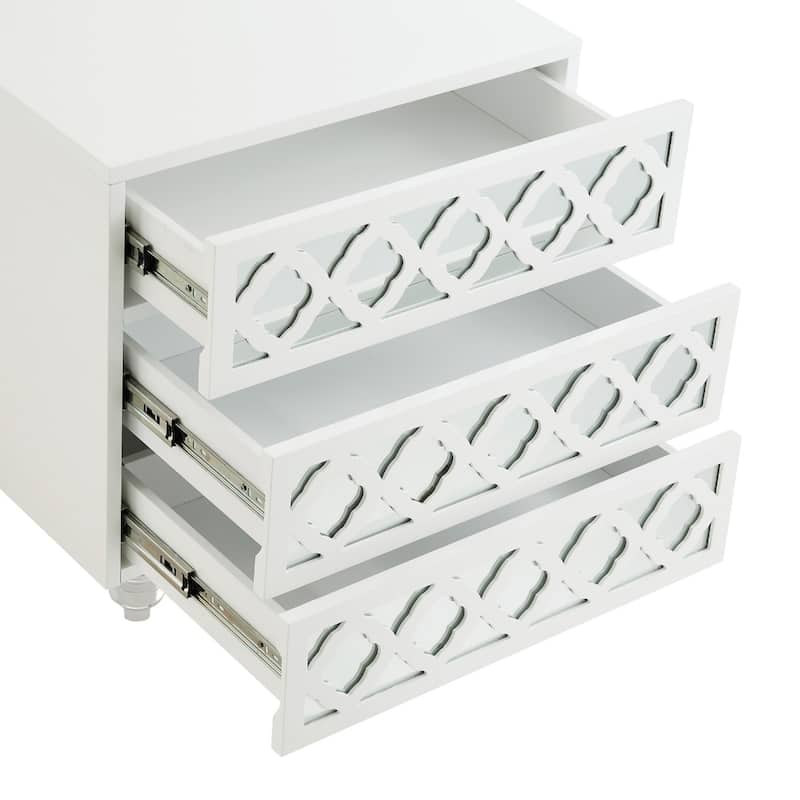 White Wood End Table with 3 Drawers and Clear Mirrored Legs - 18” x 18” x 24” (D x W x H)